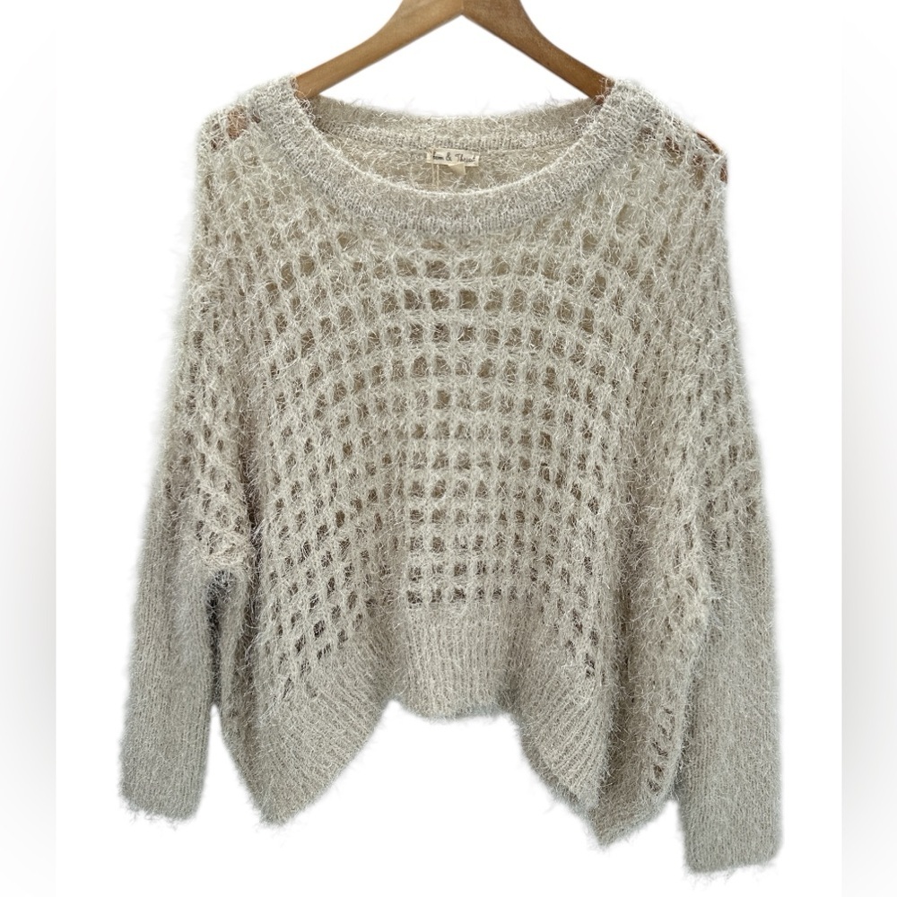 Hem & Thread Beige Eyelash Knit Cropped Sweater Fuzzy Loose Net Cozy M